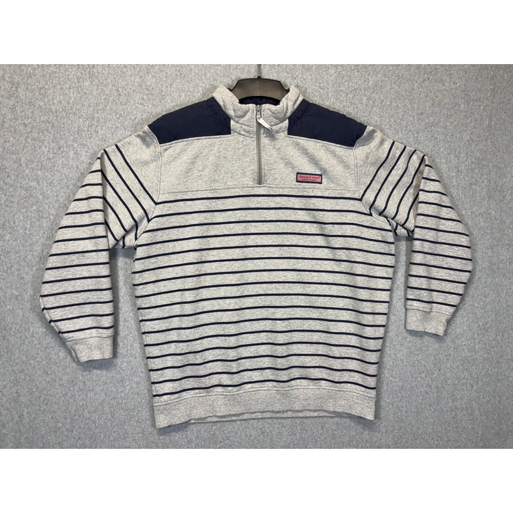 Vineyard Vines Mens Large Grey Navy Striped Quarter Zip Pullover Cotton Sweater